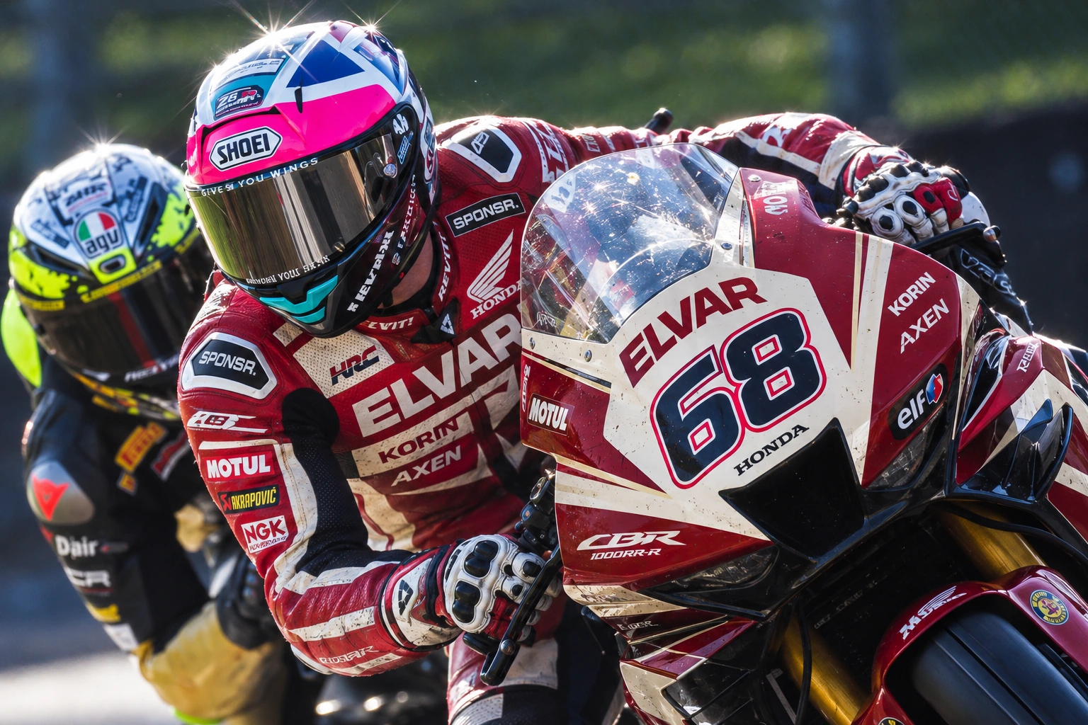 A superbike rider tucked in close-up, a second rider filling the frame behind (SPONSR livery concept).