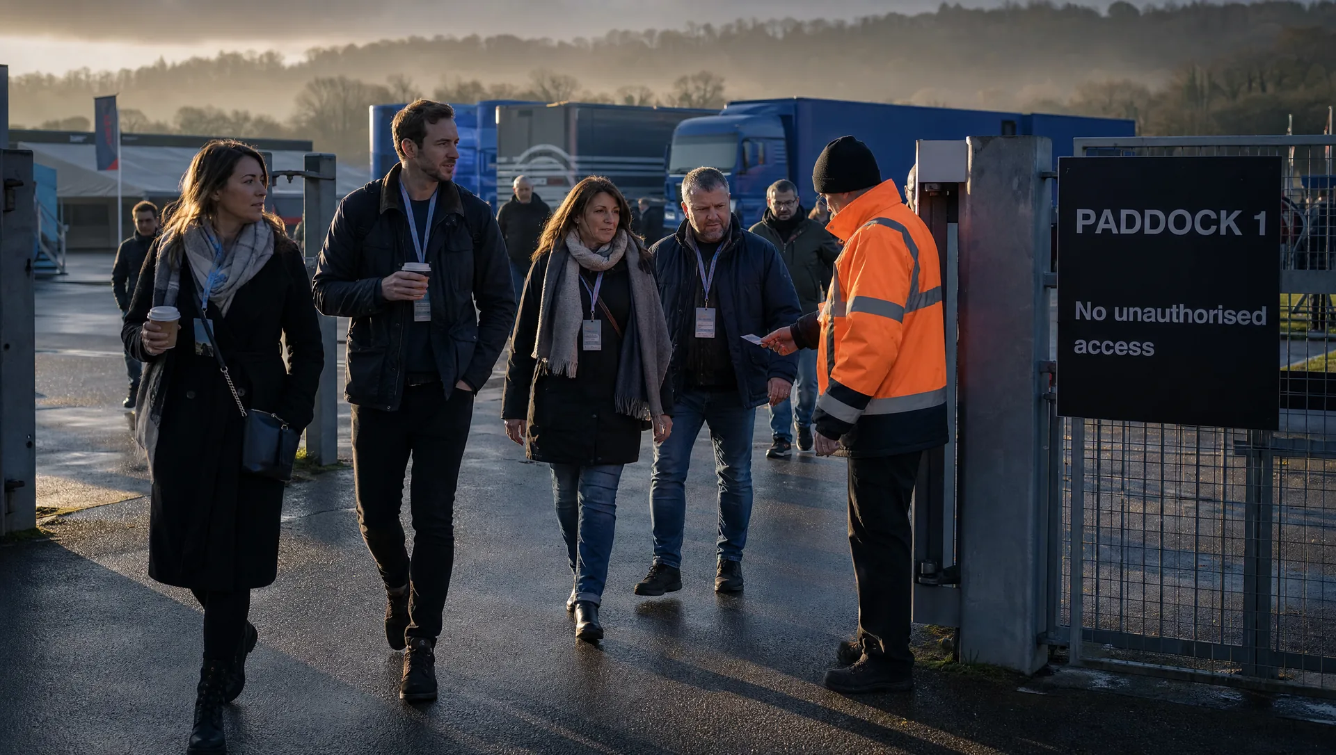 Guests with lanyards walking through a paddock gate on race morning, transporters in the low sun beyond.