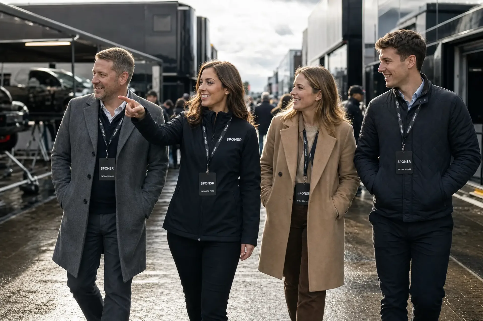 A SPONSR host walking three business guests between the team transporters in a wet paddock, pointing ahead towards an awning, all four in conversation.